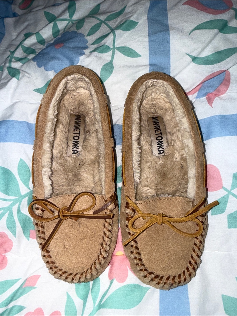 Minnetonka Tan Suede Shearling-Lined Moccasins